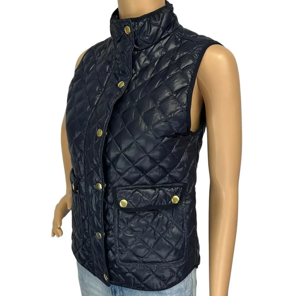 J. Crew Shiny Quilted Field Puffer Down Vest Navy Blue E1014 Petite Size PXS